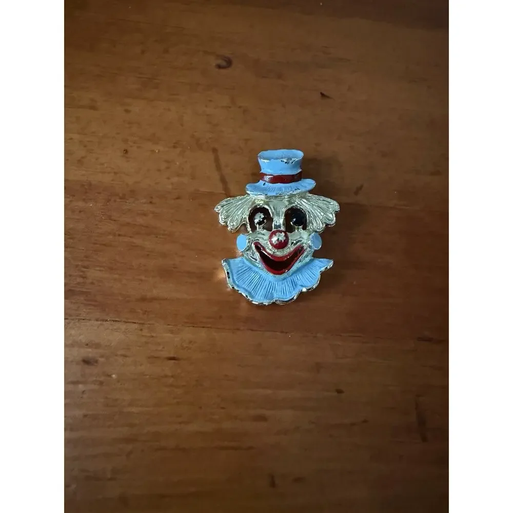 Vintage Gerry’s Enamel Clown Face Brooch Gold Tone Signed Blue Gold Red
